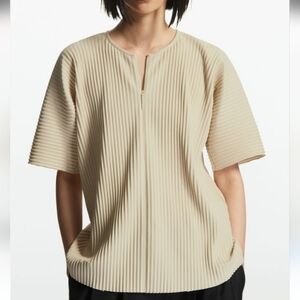 COS-Plisse Pleated Half-Zip Blouse Top in Light Beige-Size Medium
